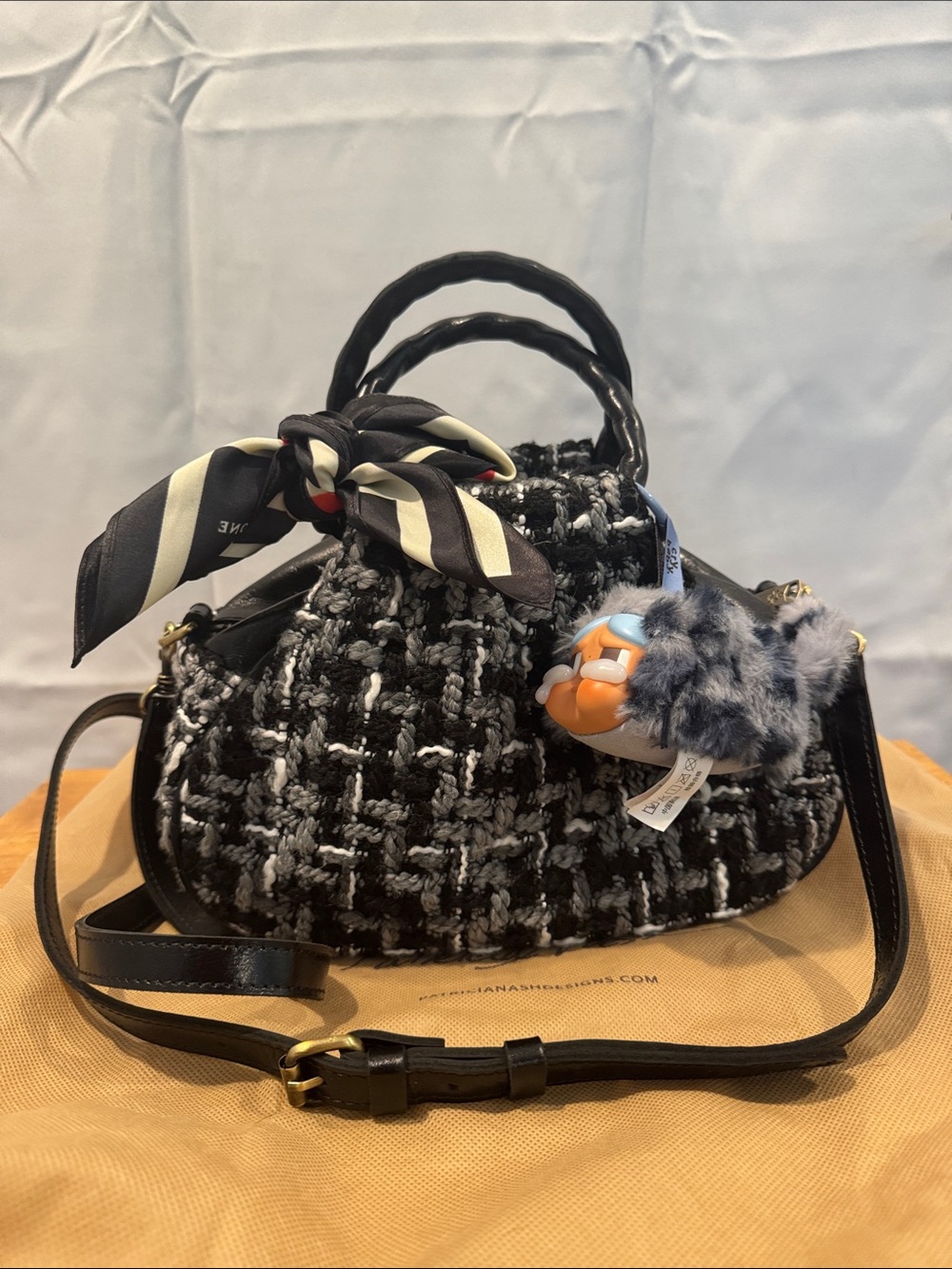 Patricia Nash Black & White Tweed Satchel with Scarf and Charm Included.